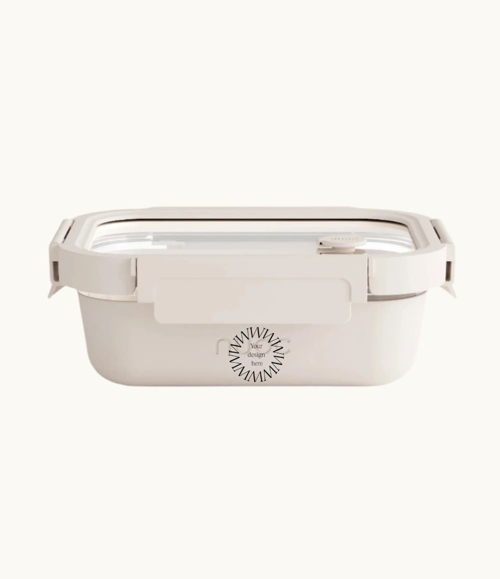 Glass Airtight Lunch Box in oat, showing logo placement
