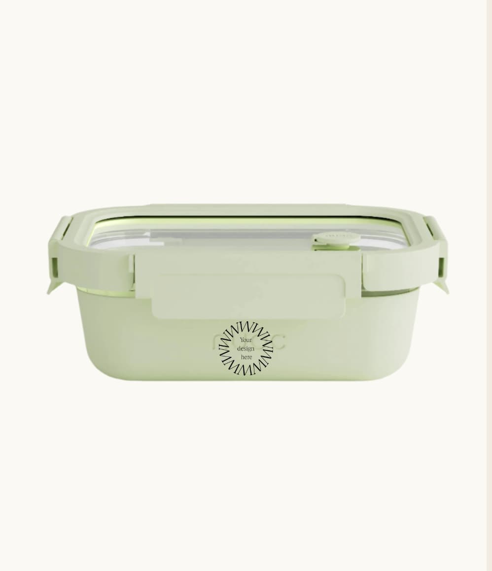 Glass Airtight Lunch Box in sage green, showing logo placement