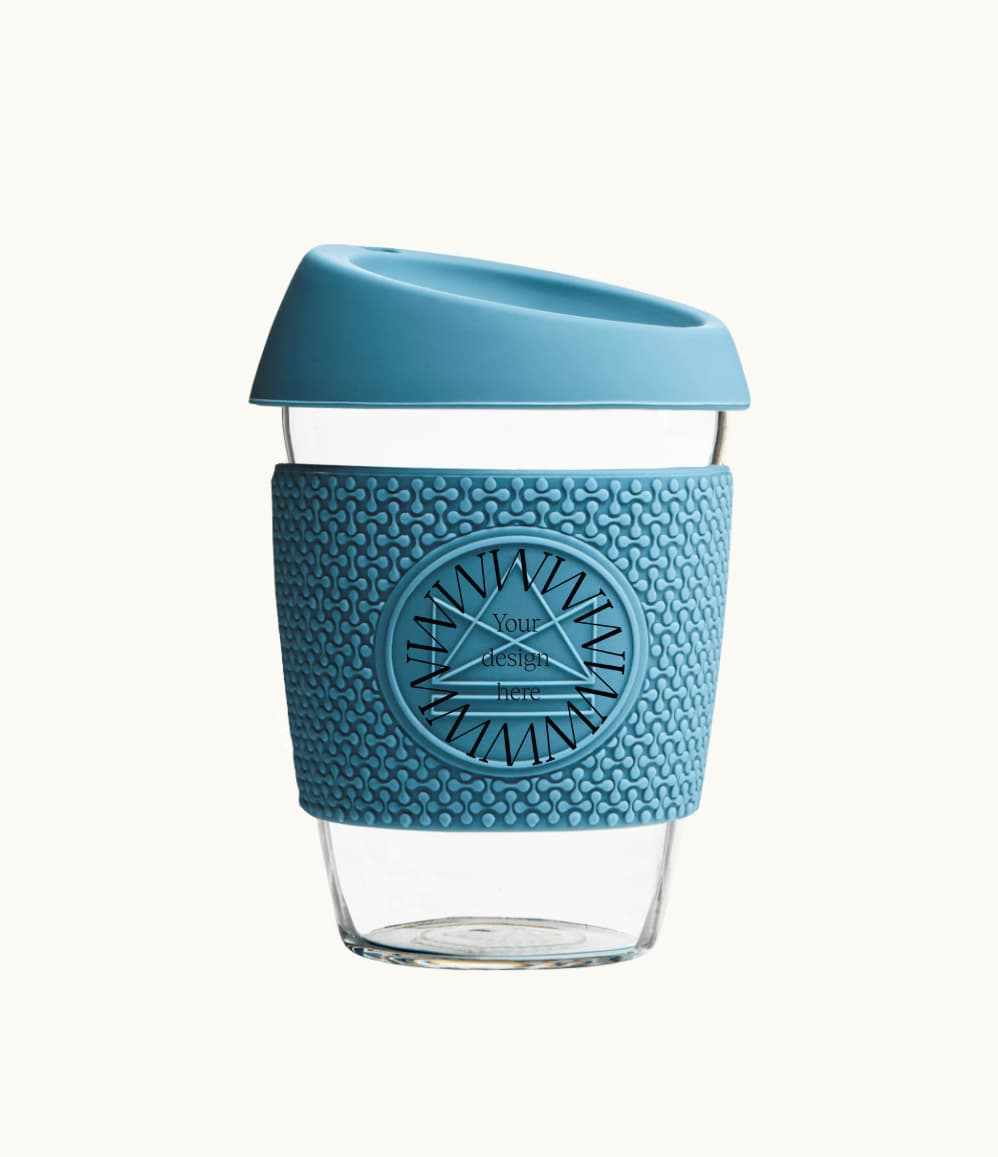 Glass Coffee Cup 12oz in blue, with a silicone thermal sleeve, showing logo placement