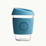 Glass Coffee Cup 12oz in blue, with a silicone thermal sleeve, showing logo placement