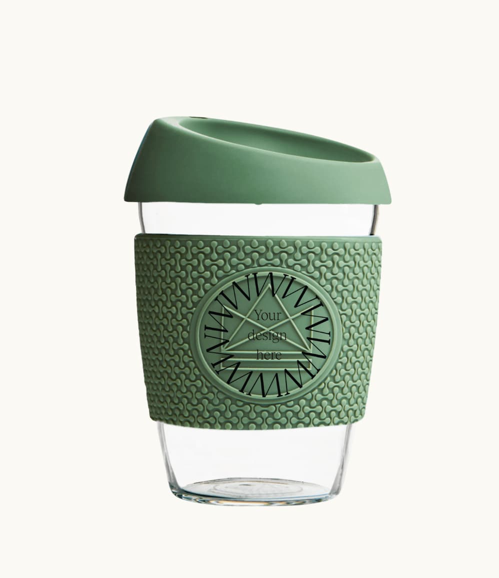 Glass Coffee Cup 12oz in green, with a silicone thermal sleeve, showing logo placement