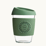 Glass Coffee Cup 12oz in green, with a silicone thermal sleeve, showing logo placement