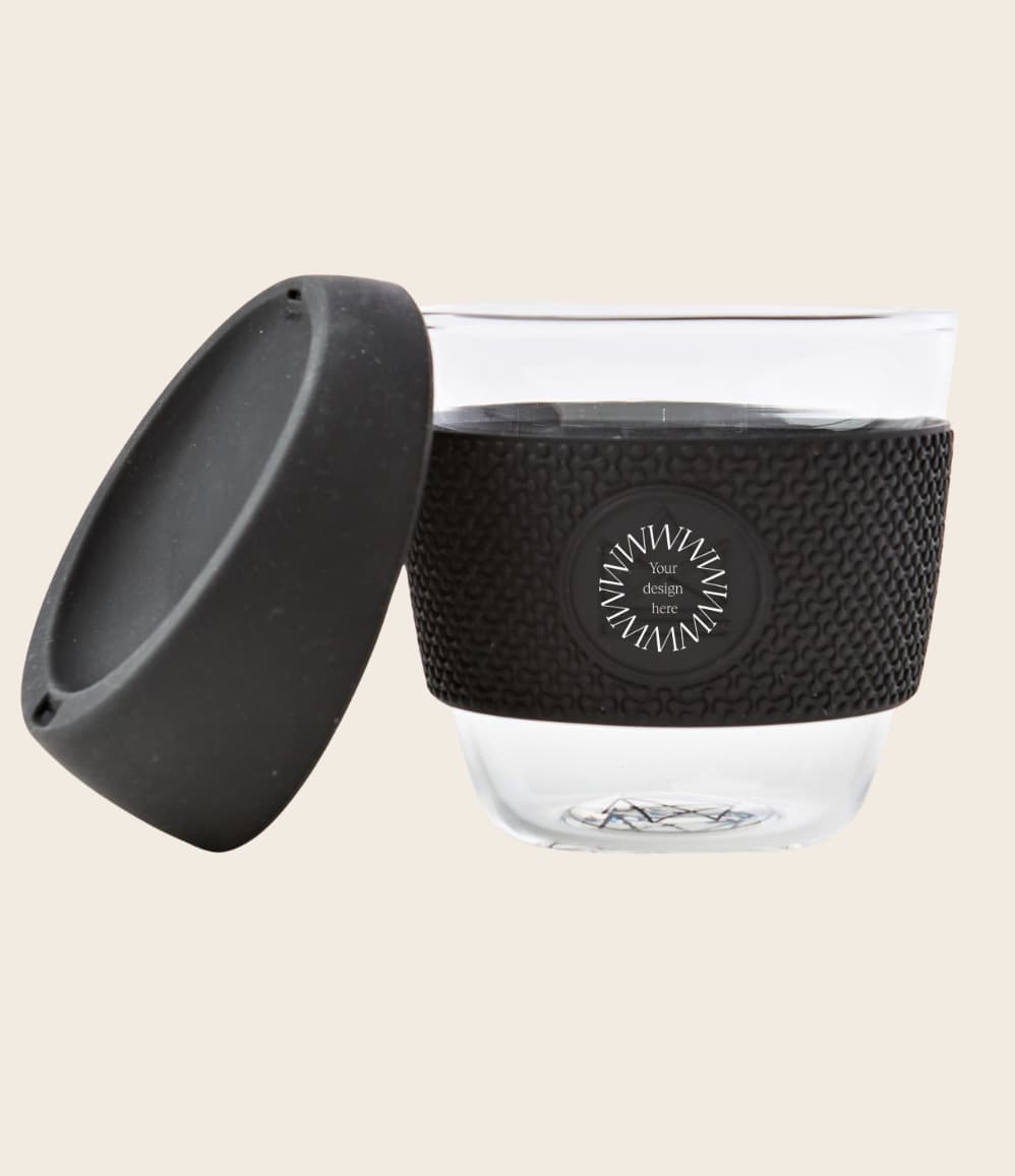 Glass Coffee Cup 8oz in black, lid open