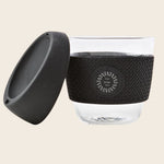 Glass Coffee Cup 8oz in black, lid open