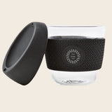 Glass Coffee Cup 8oz in black, lid open