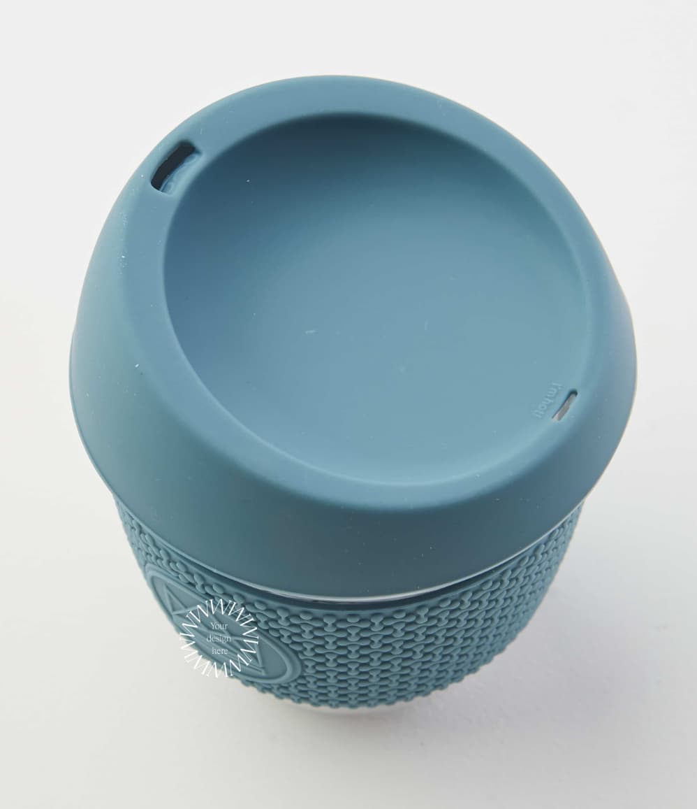 Glass Coffee Cup 8oz in blue, showing the lid opening where you drink