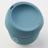 Glass Coffee Cup 8oz in blue, showing the lid opening where you drink
