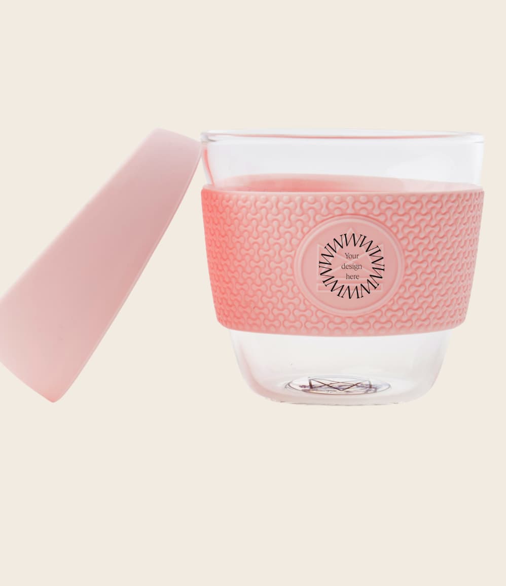 Glass Coffee Cup 8oz in pink, lid open