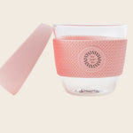 Glass Coffee Cup 8oz in pink, lid open