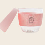Glass Coffee Cup 8oz in pink, lid open