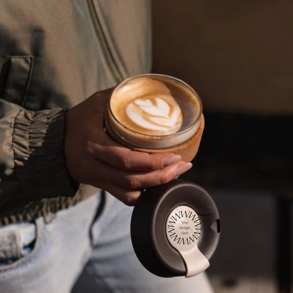 glass cup with cork band sustainable branded merchandise for events and employee gifting