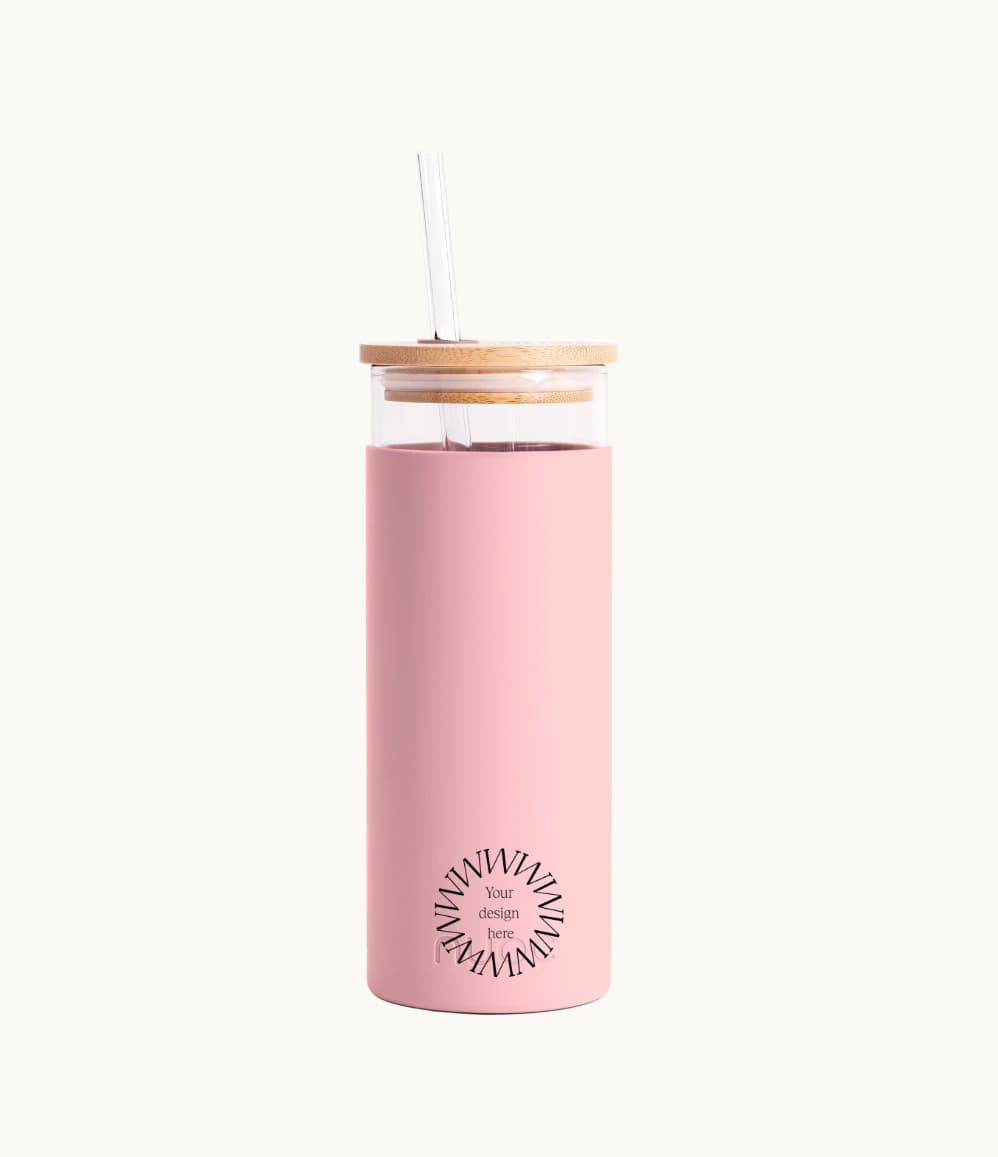 Glass Tumbler with Straw 450ml in pink, showing logo placement