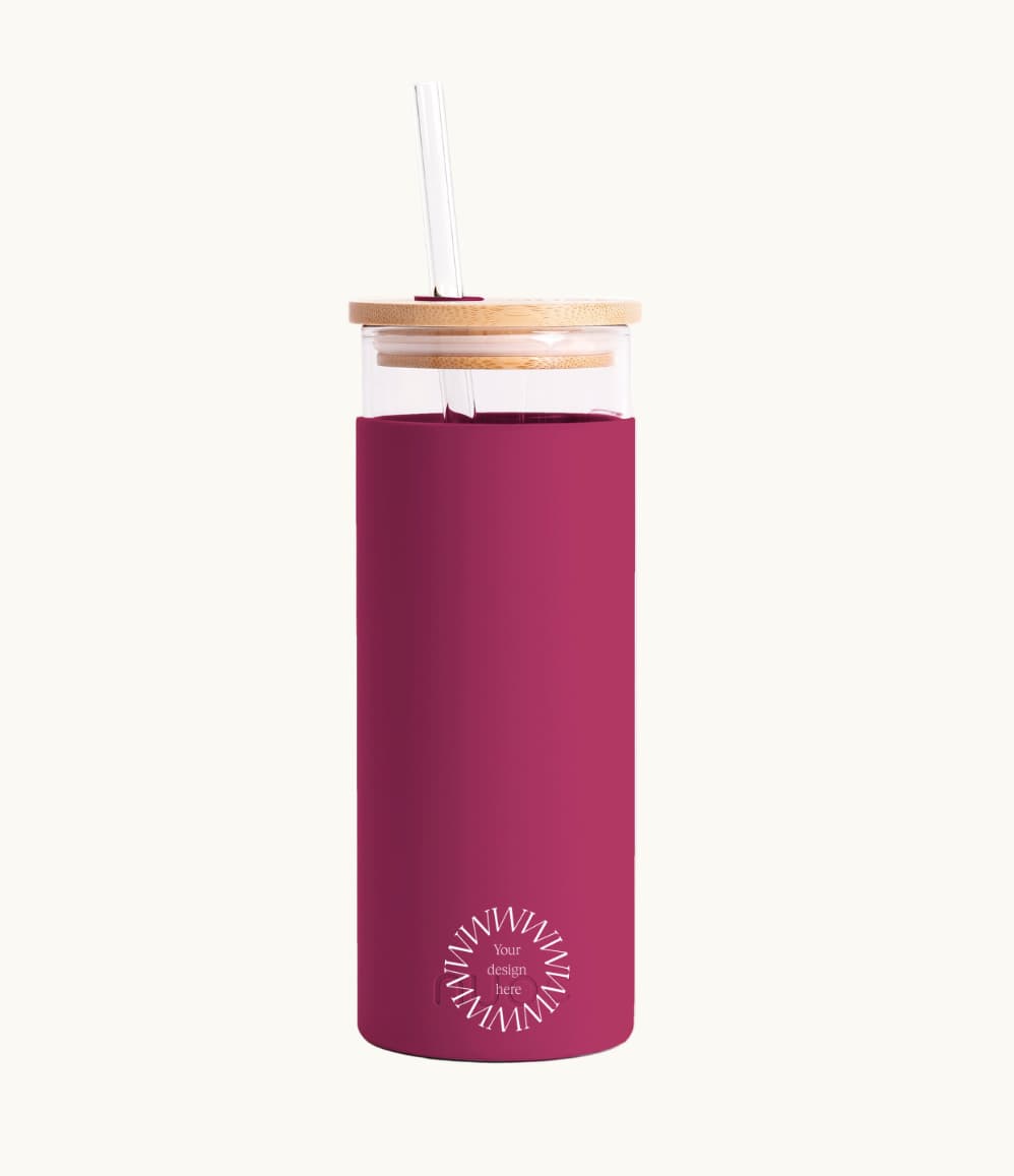 Glass Tumbler with Straw 450ml in raspberry, showing logo placement