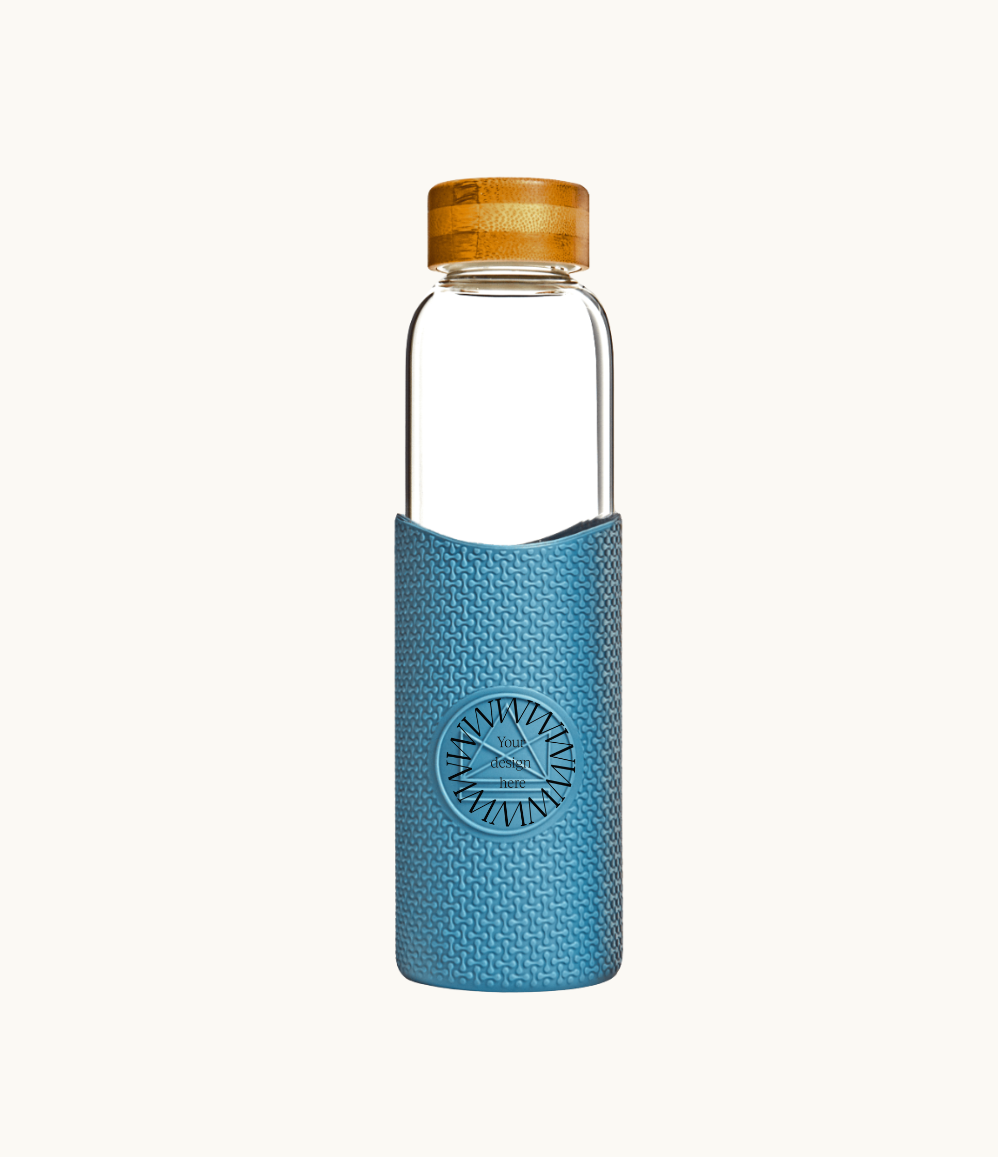 Reusable 550ml borosilicate glass water bottle with blue silicone sleeve eco branded merchandise