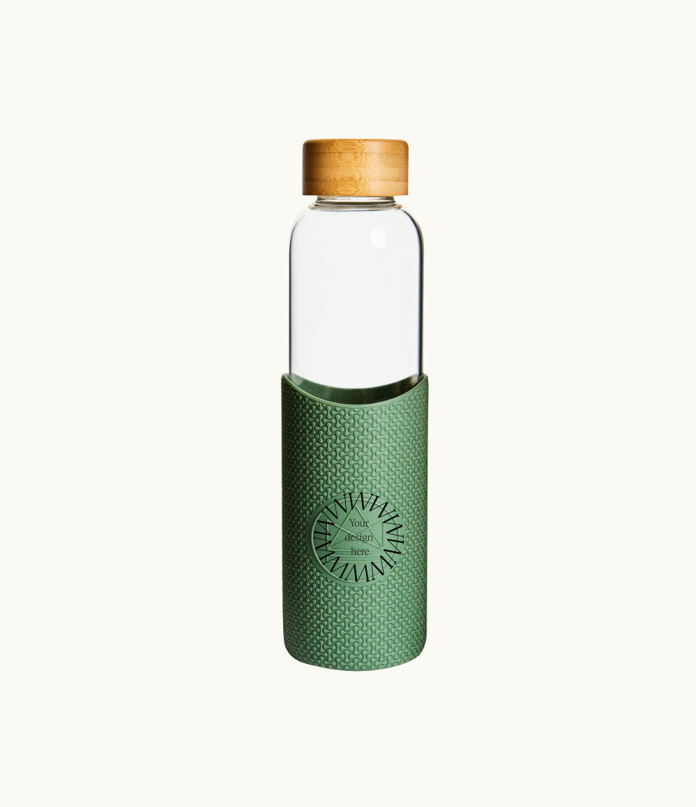 550ml glass water bottle with green silicone sleeve and bamboo lid sustainable gift for employees