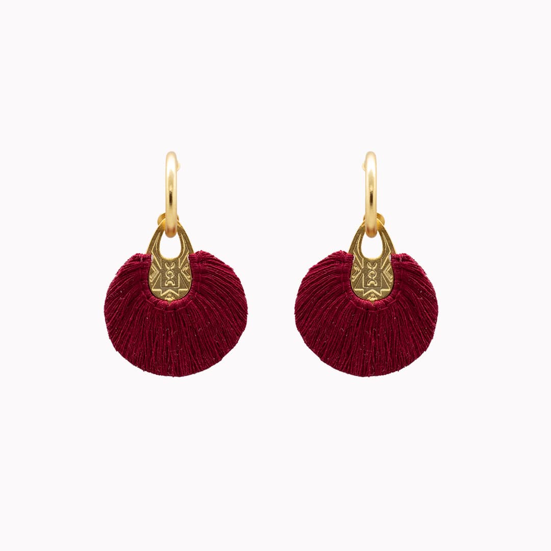 Pair of burgundy tassel gold hoop earrings for VIP premium corporate gifting and brand activations 