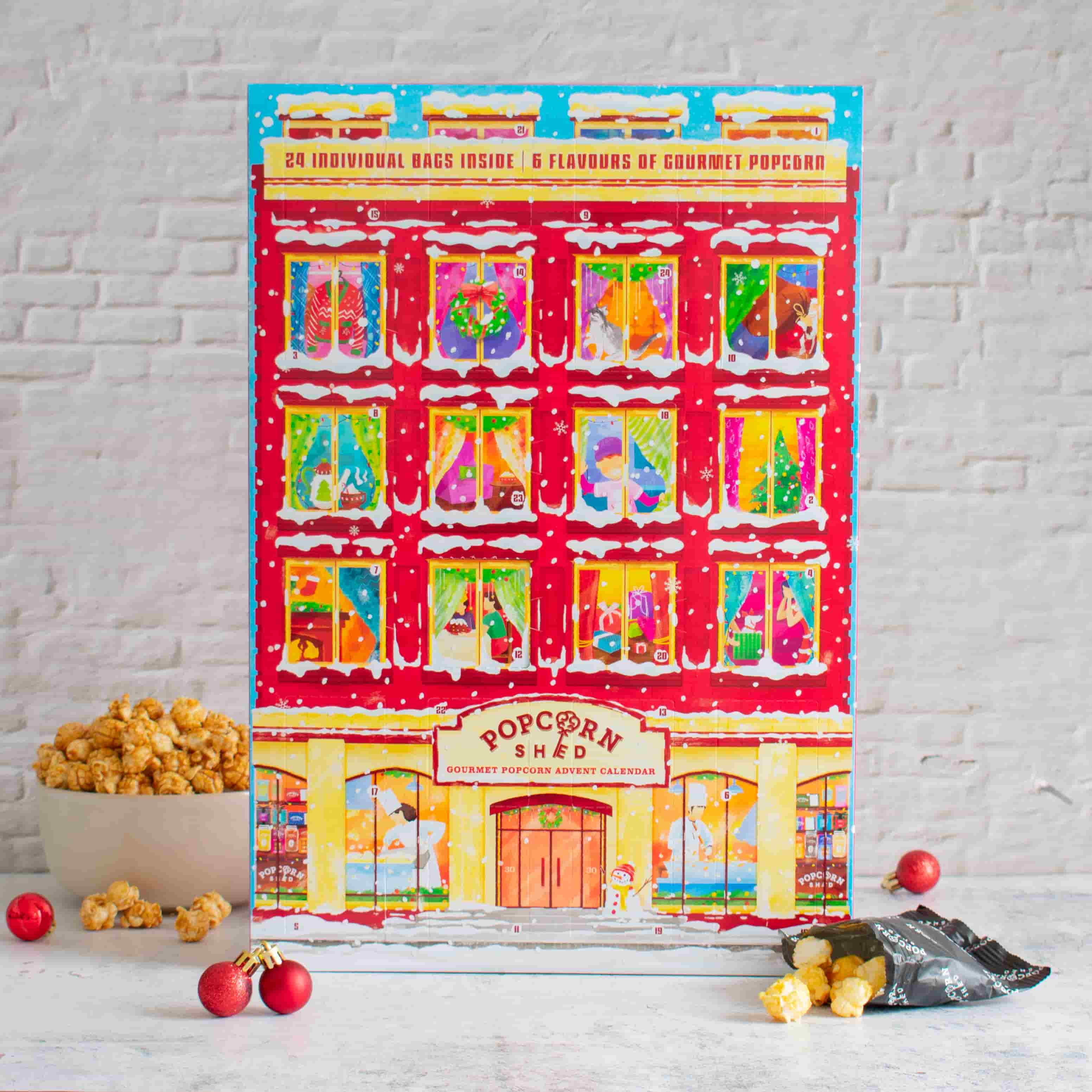 gourmet popcorn advent calendar, festive corporate gift for client gifting and employee appreciation