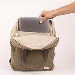 green hemp laptop backpack, premium sustainable merch for events and team engagement