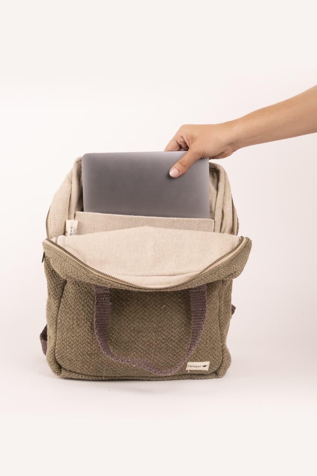 green hemp laptop backpack, premium sustainable merch for events and team engagement