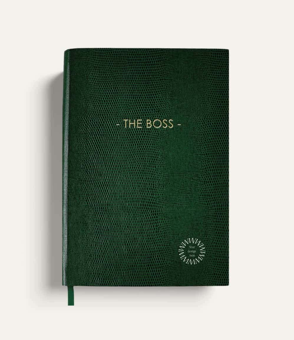 Green faux lizard The Boss notebook handmade in England with gold lettering, showing logo placement