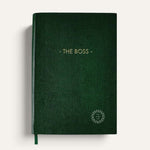 Green faux lizard The Boss notebook handmade in England with gold lettering, showing logo placement