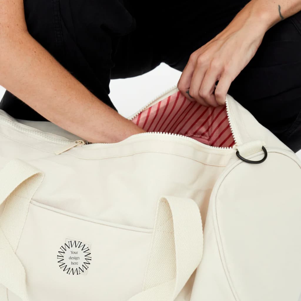 Gym Duffle Bag 30L in oat, showing the interior
