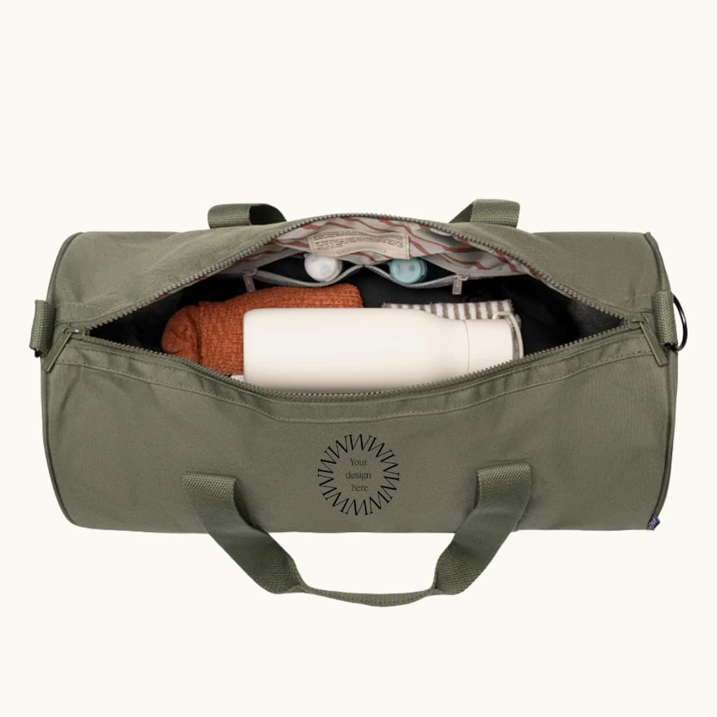 30L olive recycled PET duffle bag sustainable eco swag personalised branded merchandise events
