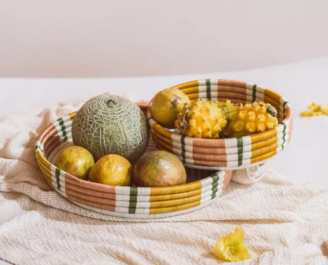Handwoven fique tray with colourful weave, for office interiors and event styling