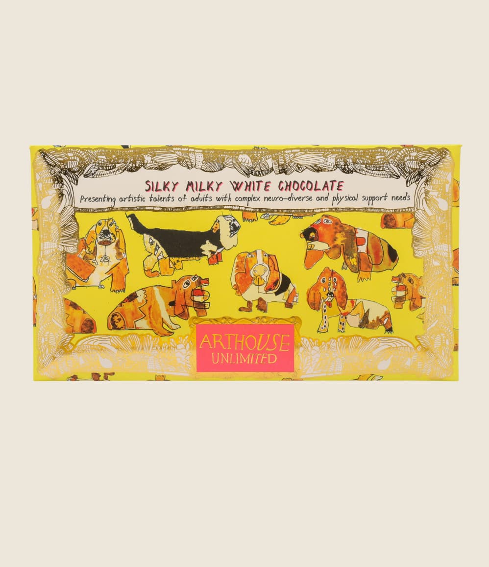 Happy Hounds White Chocolate Bar with Madagascan vanilla, conference gift supporting inclusive art