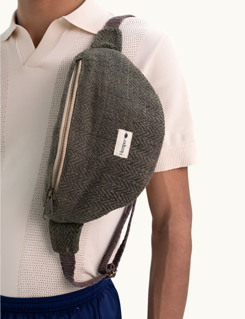 Side view hemp crossbody Nepal bag, eco branded swag for client or event gifts.