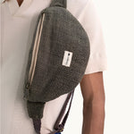 Side view hemp crossbody Nepal bag, eco branded swag for client or event gifts.