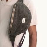 Side view hemp crossbody Nepal bag, eco branded swag for client or event gifts.