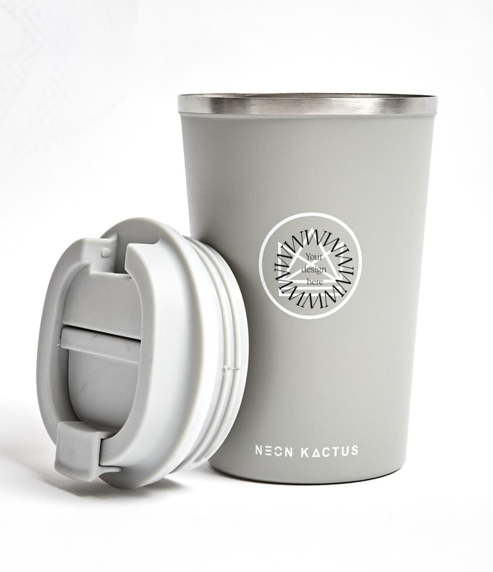 Reusable insulated stainless steel coffee cup in grey, branded merchandise for offsites and corporate events