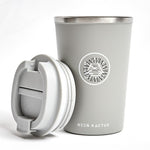 Reusable insulated stainless steel coffee cup in grey, branded merchandise for offsites and corporate events