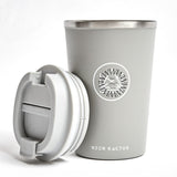 Reusable insulated stainless steel coffee cup in grey, branded merchandise for offsites and corporate events