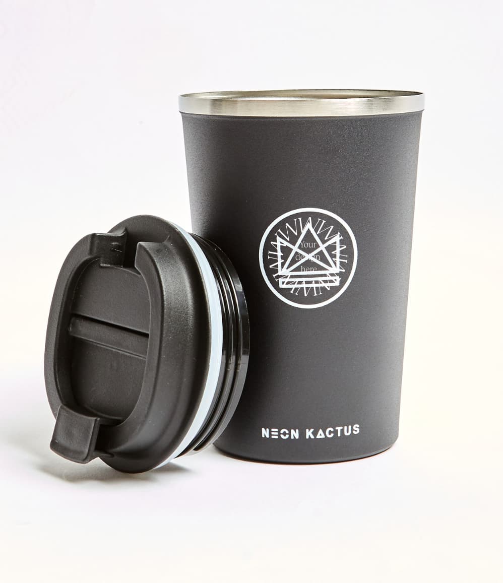 Insulated Coffee Tumbler in black, showing logo placement