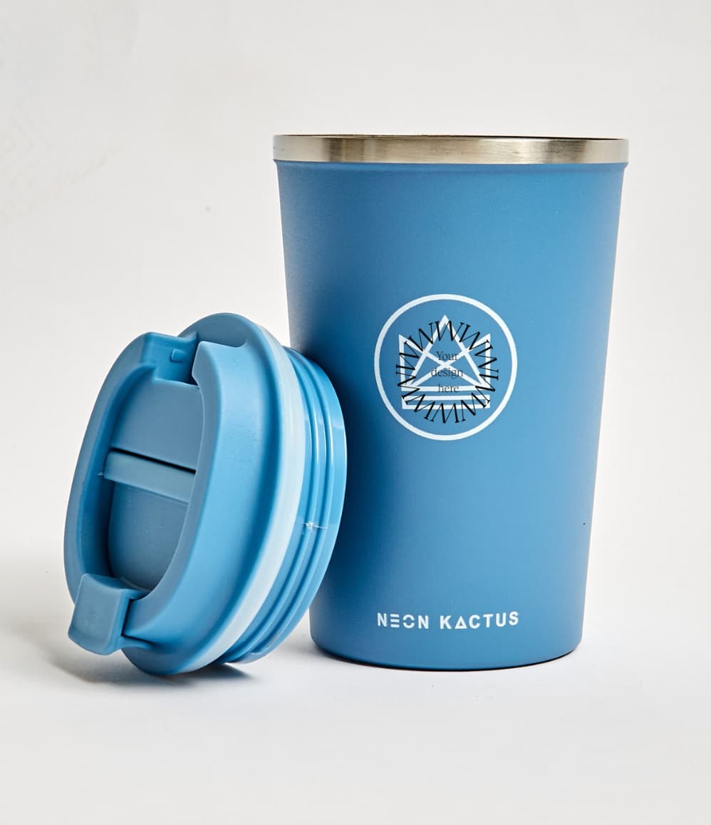 Insulated Coffee Tumbler in blue, showing logo placement