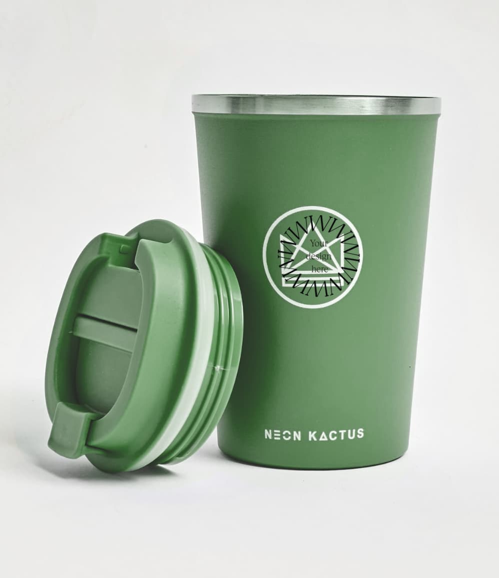 Insulated Coffee Tumbler in forest green, showing logo placement