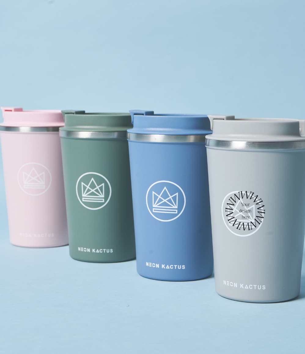 Insulated Coffee Tumbler, all colours together, showing logo placement
