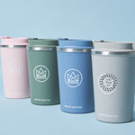 Insulated Coffee Tumbler, all colours together, showing logo placement