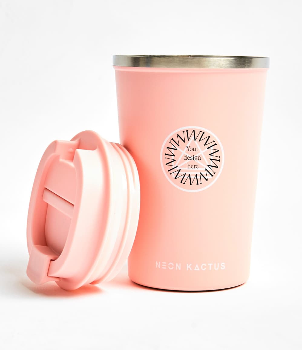 Insulated Coffee Tumbler in pink, showing logo placement