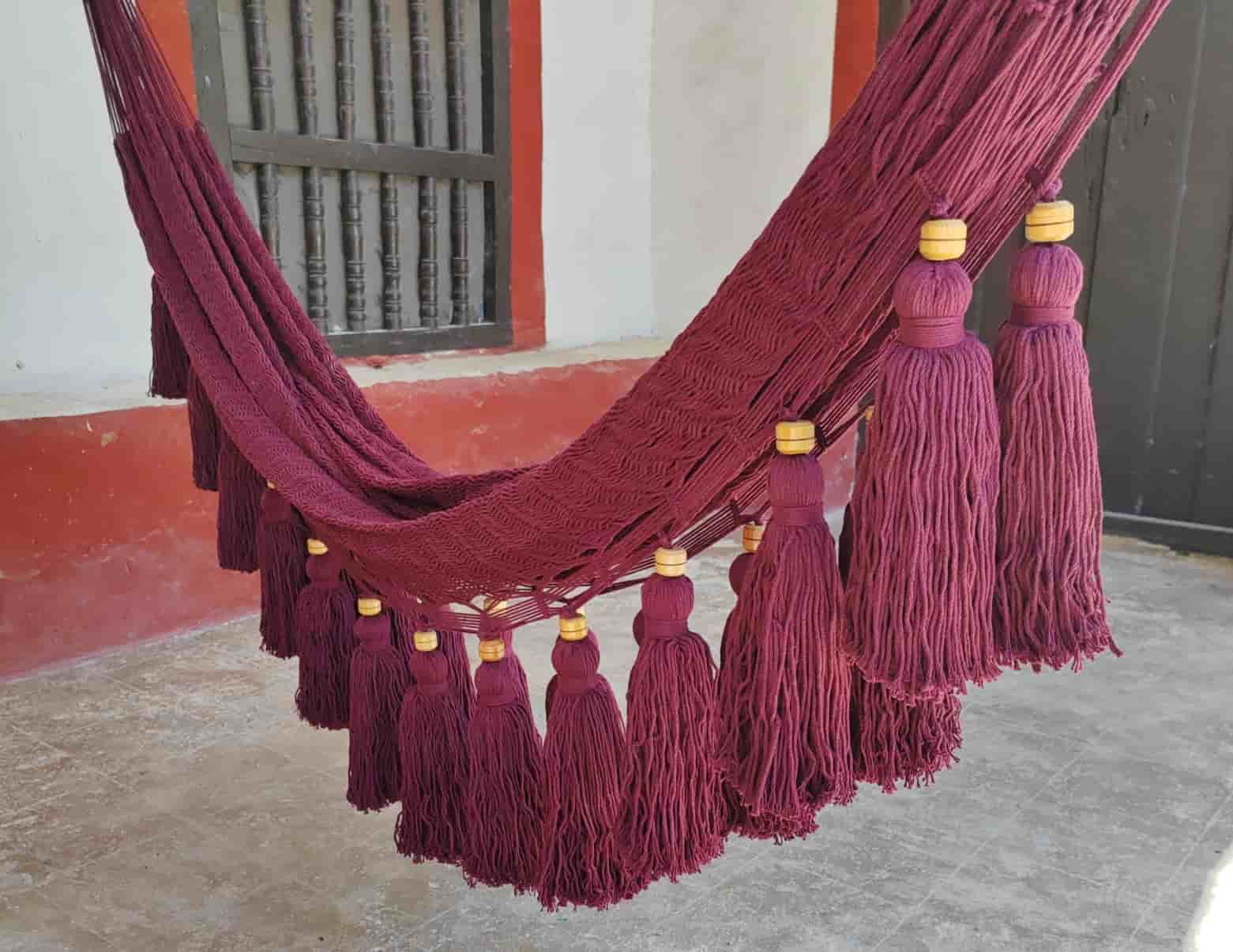 Handwoven king size cotton hammock in burgundy, retirement gift