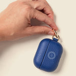 Leather AirPods Case in blue with 'Your design here' message