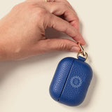 Leather AirPods Case in blue with 'Your design here' message