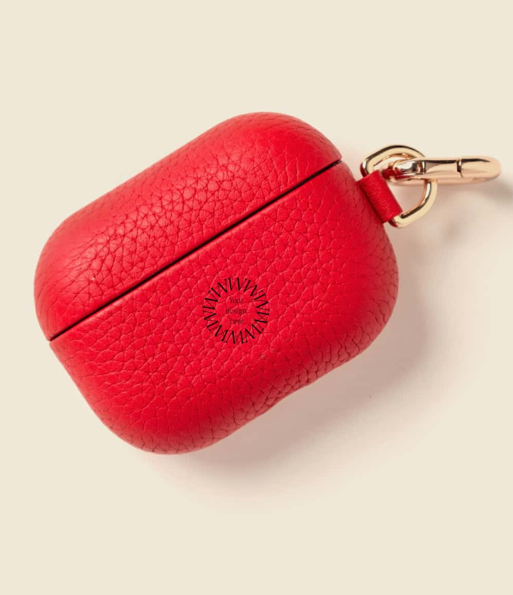 Leather AirPods Case in red with 'Your design here' message