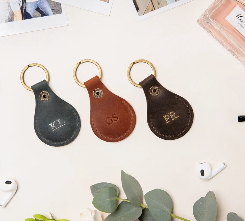 Leather AirTag holder keyrings, monogrammed