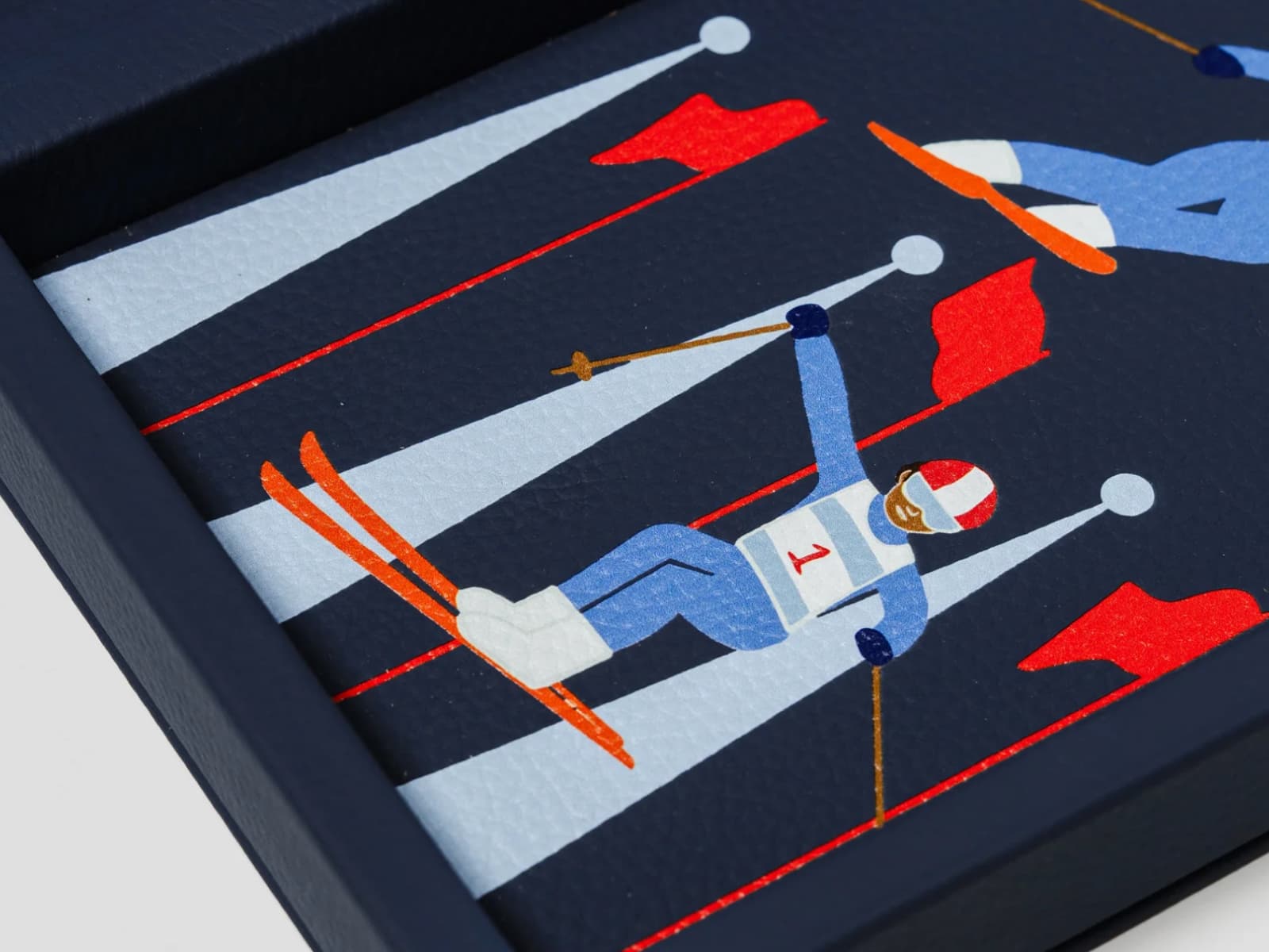 Close-up of the Ski Edition luxury leather backgammon set, highlighting the handcrafted leather and alpine skiing design.