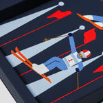 Close-up of the Ski Edition luxury leather backgammon set, highlighting the handcrafted leather and alpine skiing design.