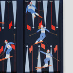 Close-up of luxury leather backgammon set with colourful alpine skier illustration and red slalom flags