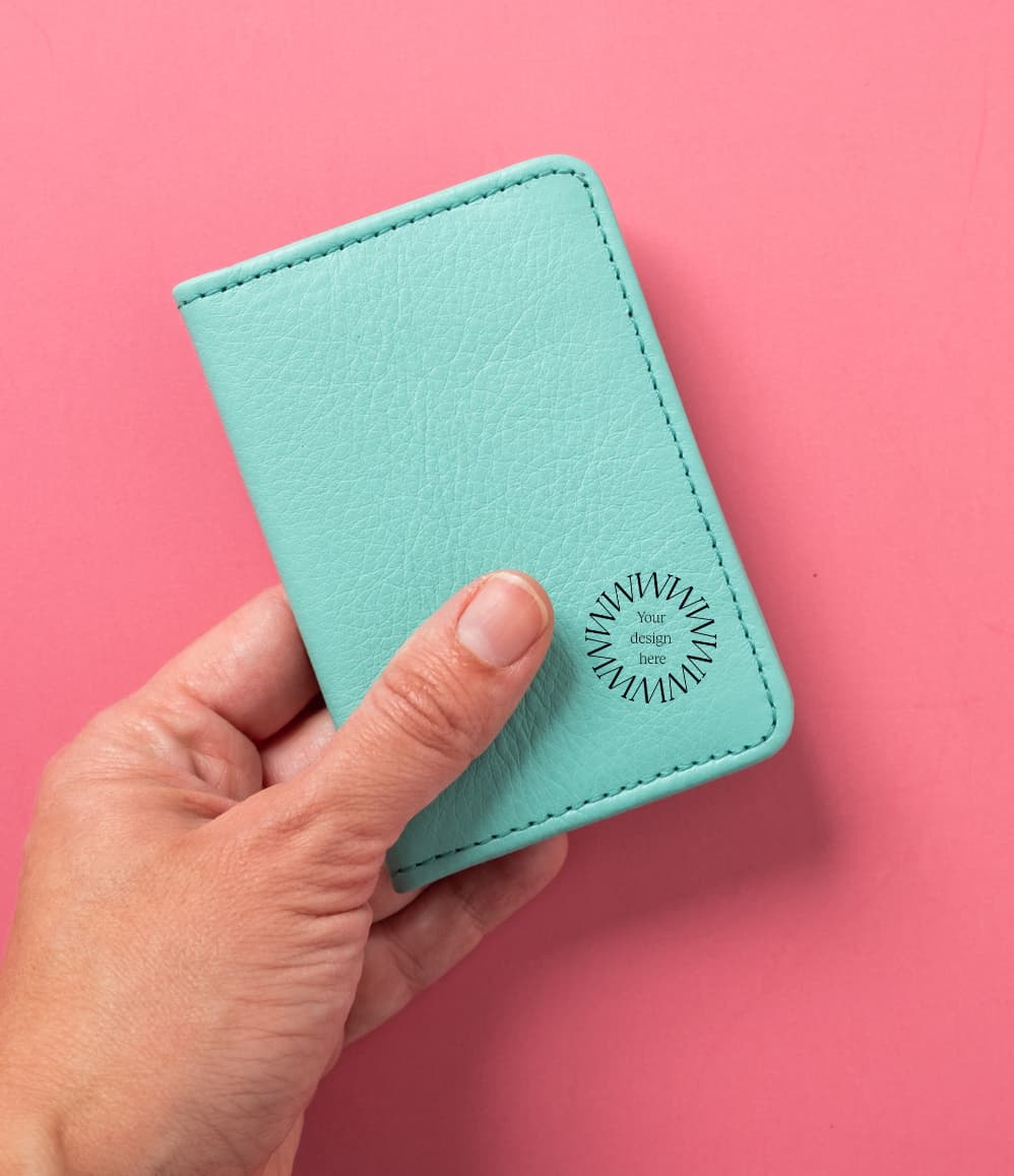 Leather Bifold RFID Wallet in light blue, showing logo placement